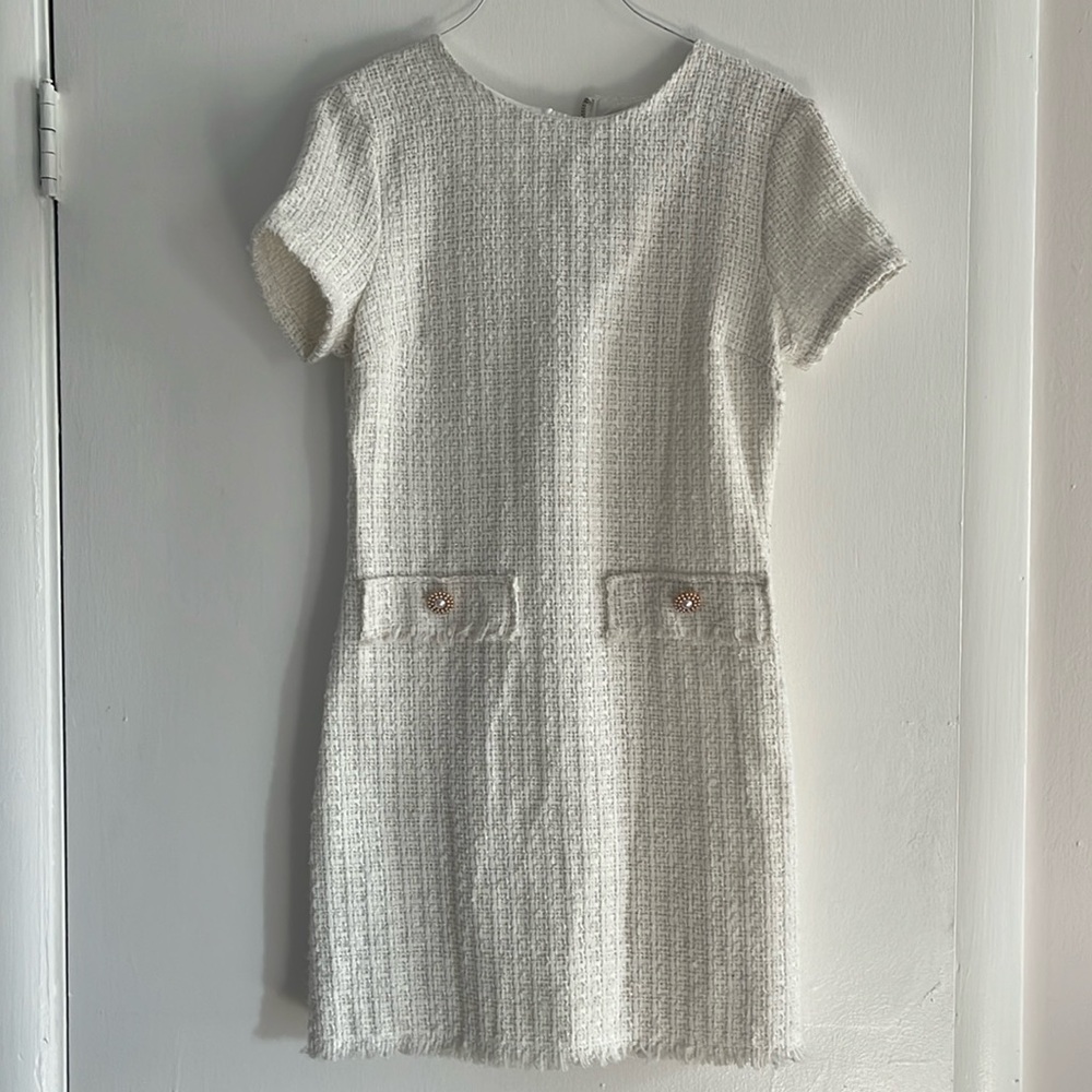 New with tags, Bebop size, small S white , tweed, gold, and pearl button dress